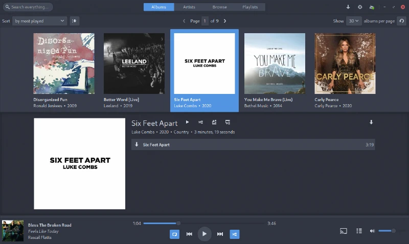 The Albums tab of Sublime Music. Clicking on an album cover shows the details for that album.
See the Sublime Music website for more screenshots.
