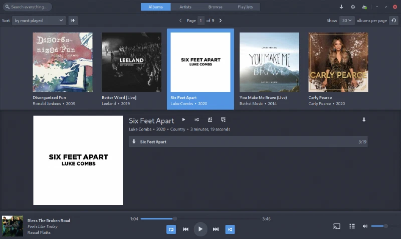 The Albums tab of Sublime Music. Clicking on an album cover shows the details for that album.
See the Sublime Music website for more screenshots.