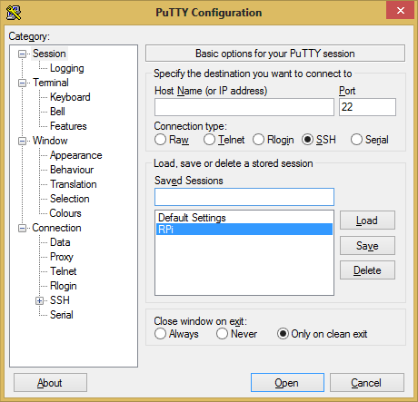 PuTTY Configuration Window
