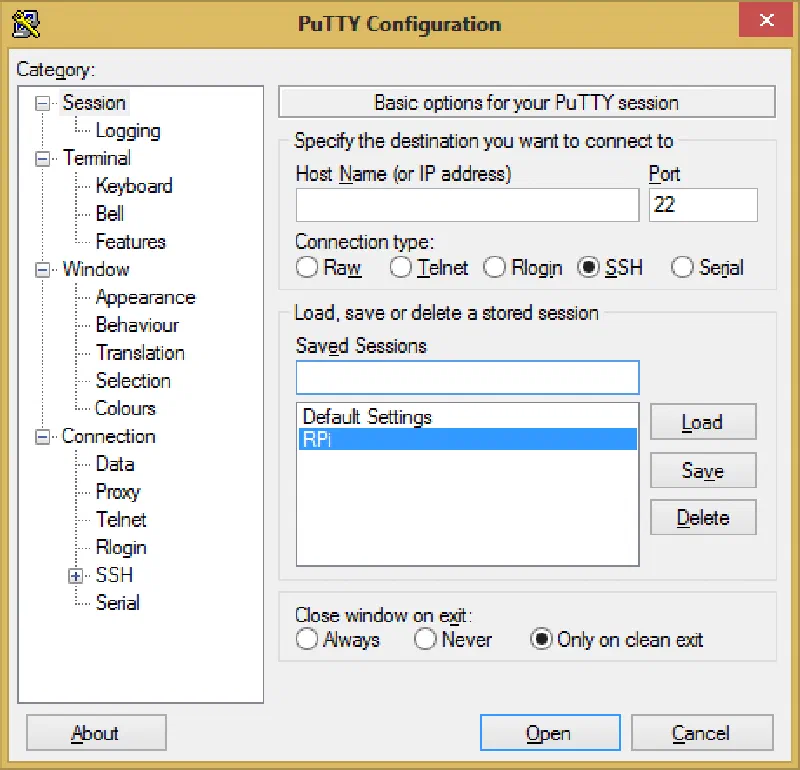 PuTTY Configuration Window