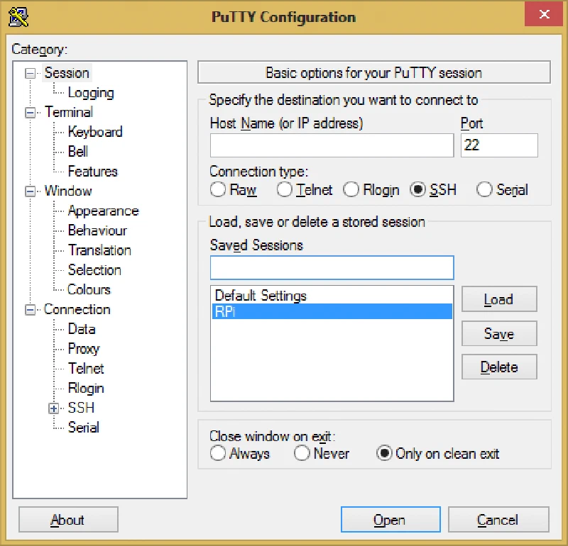 PuTTY Configuration Window