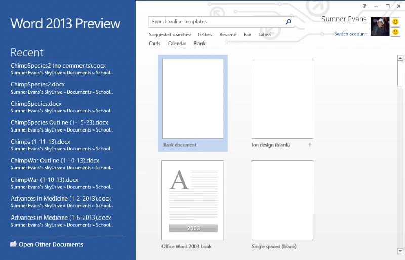 The first thing you see when you open Word 2013