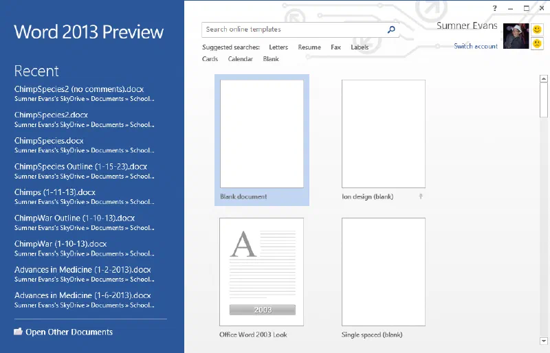 The first thing you see when you open Word 2013