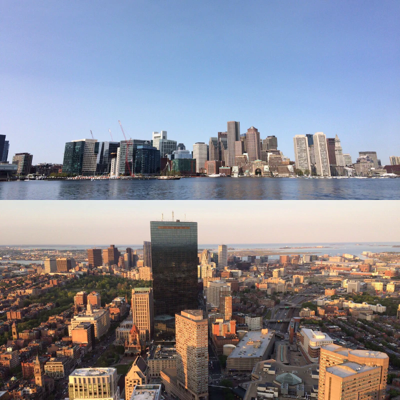 Views of the Boston Skyline from the Whale Watching Boat (top) and the Prudential Center (bottom)