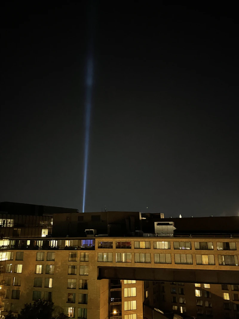 A view from the hotel of the 9/11 commemoration beam near the Pentagon