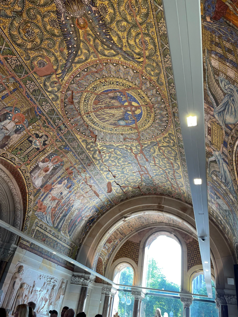The mosaic on the ceiling inside of the ruins of the church structure