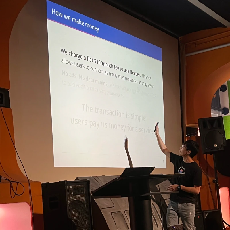 Here I&rsquo;m presenting our simple business model: users pay us money for a service!