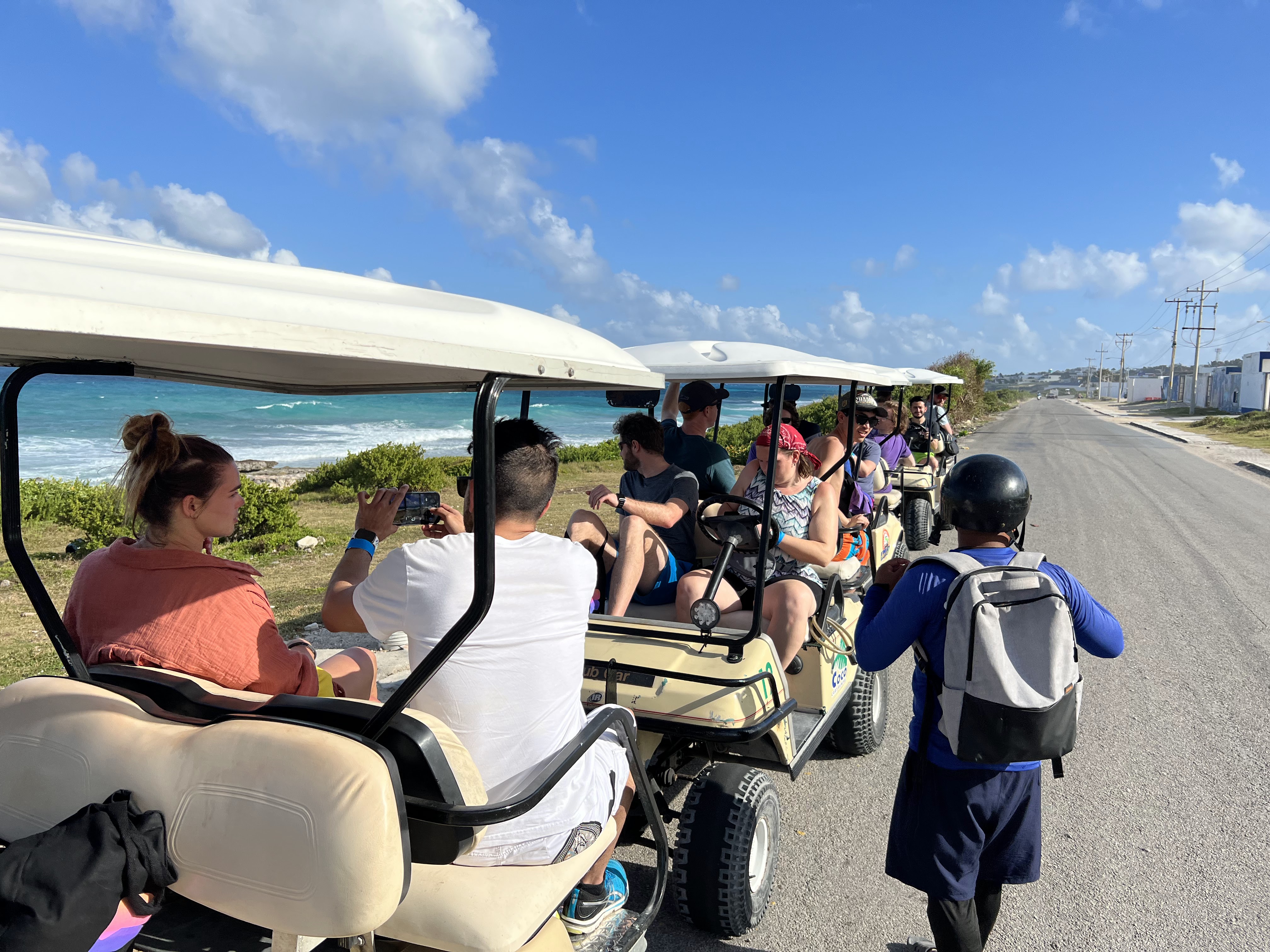 Our golf cart caravan going around the island