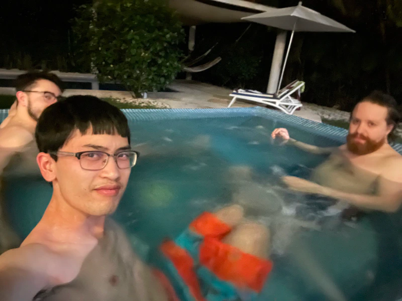 Hanging out in the hot tub with Eric (left) and Finn (right)