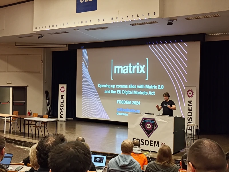Matthew giving the Matrix keynote on the FOSDEM main stage