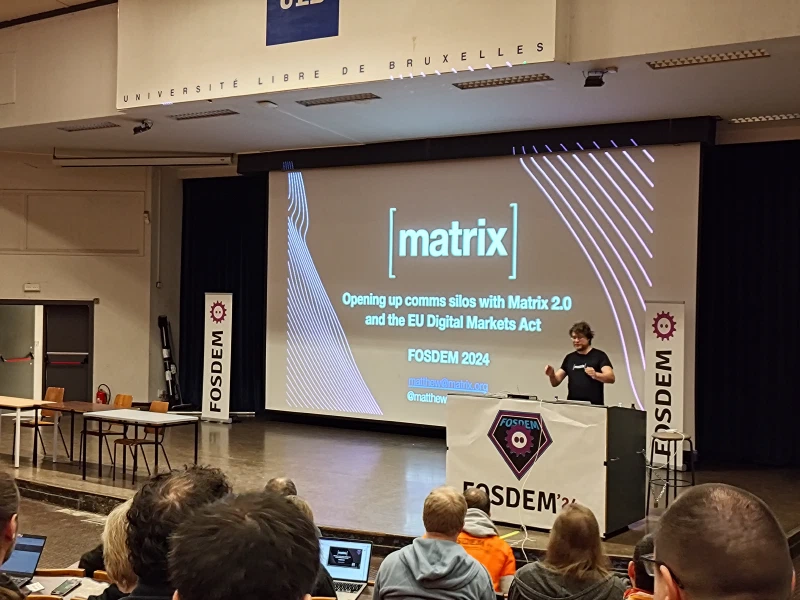 Matthew giving the Matrix keynote on the FOSDEM main stage