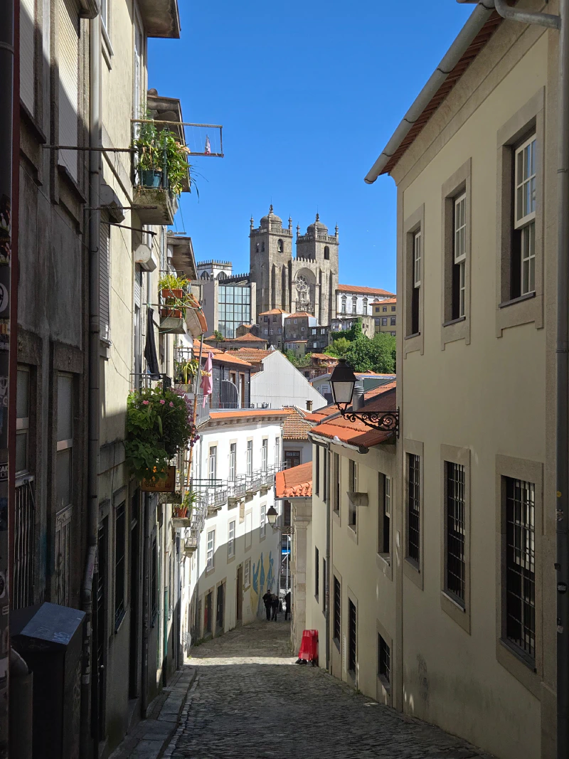 A view down a narrow street in Porto